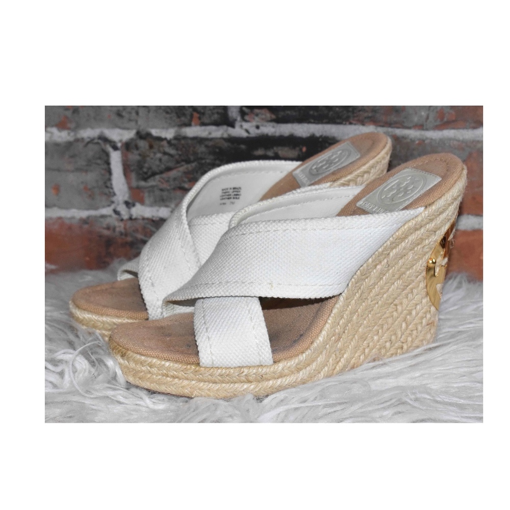 TORY BURCH Espadrille Wedge Gold Decal Heels 7